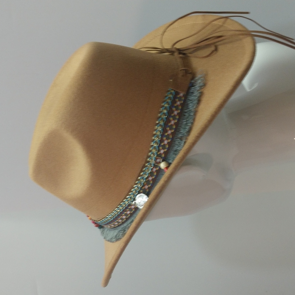 Unisex Western Southern Tan Cowboy Hat Turquoise Tassels Pendants Fringe Accent - Picture 4 of 13